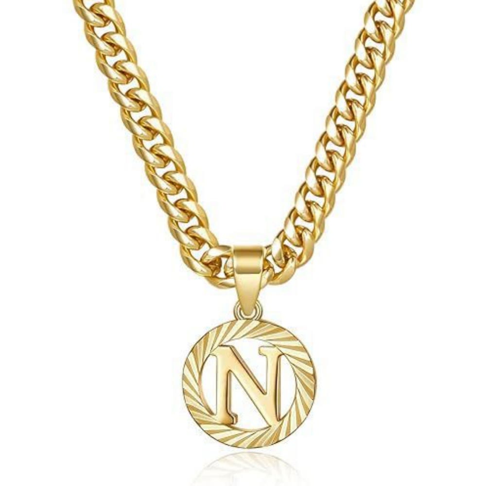 HilalHaven Minimal Engraved Initial Sun‑Ray Disc Heavy Cuban‑Chain Necklace - Golden - N - image 15