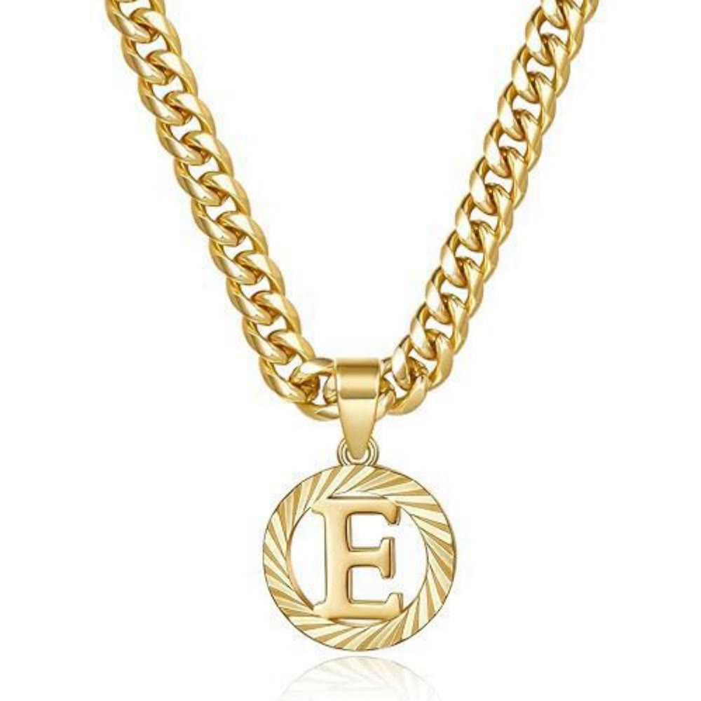HilalHaven Minimal Engraved Initial Sun‑Ray Disc Heavy Cuban‑Chain Necklace - Golden - E - image 6