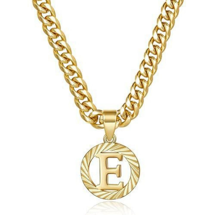 HilalHaven Minimal Engraved Initial Sun‑Ray Disc Heavy Cuban‑Chain Necklace - Golden - E - image 6