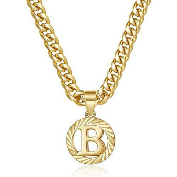 HilalHaven Minimal Engraved Initial Sun‑Ray Disc Heavy Cuban‑Chain Necklace - Golden - B - image 3