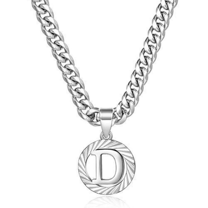 HilalHaven Minimal Engraved Initial Sun‑Ray Disc Heavy Cuban‑Chain Necklace - Silver - D - image 31