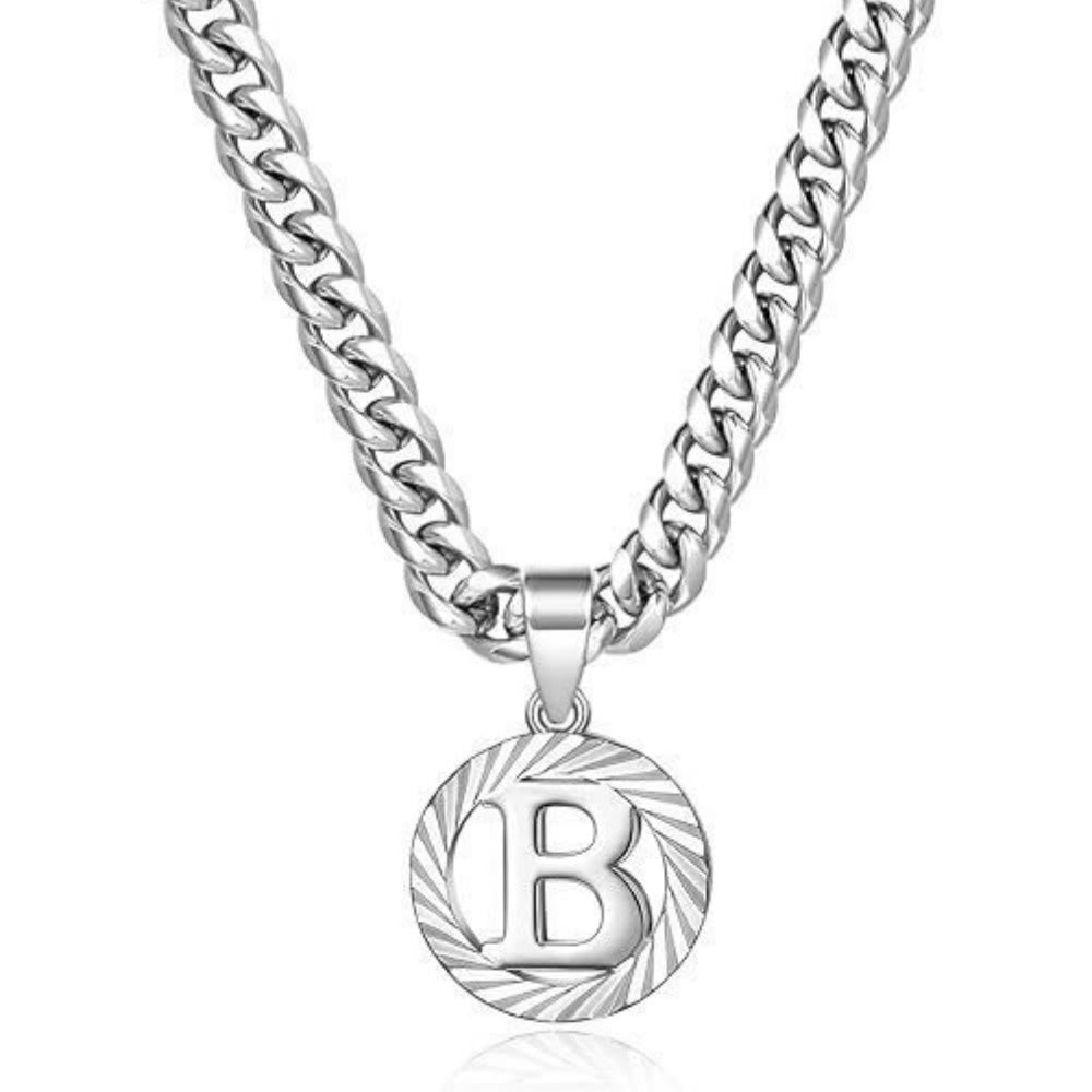 HilalHaven Minimal Engraved Initial Sun‑Ray Disc Heavy Cuban‑Chain Necklace - Silver - B - image 29