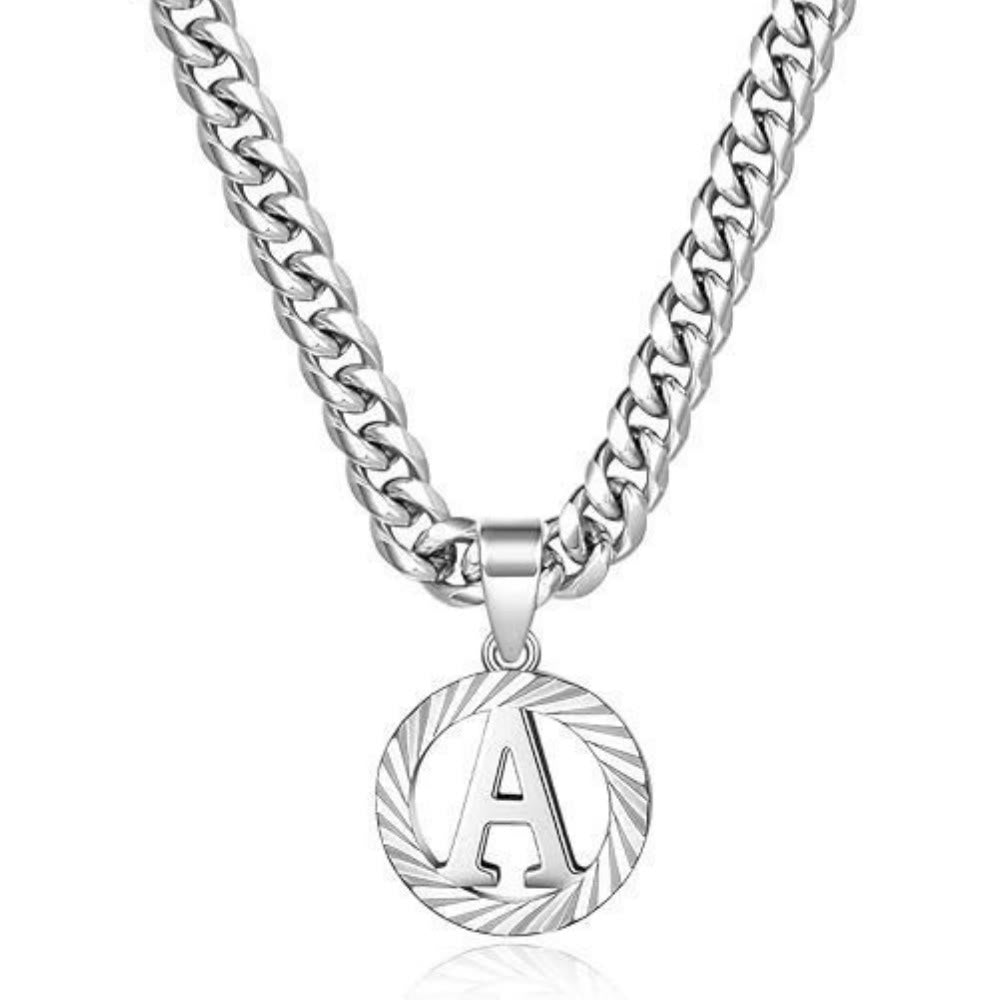 HilalHaven Minimal Engraved Initial Sun‑Ray Disc Heavy Cuban‑Chain Necklace - Silver - A - image 28