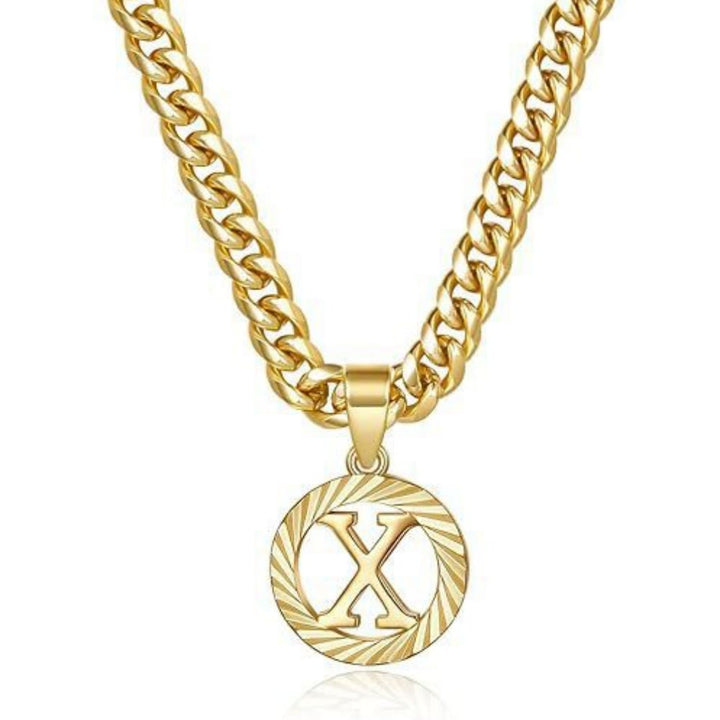 HilalHaven Minimal Engraved Initial Sun‑Ray Disc Heavy Cuban‑Chain Necklace - Golden - X - image 25
