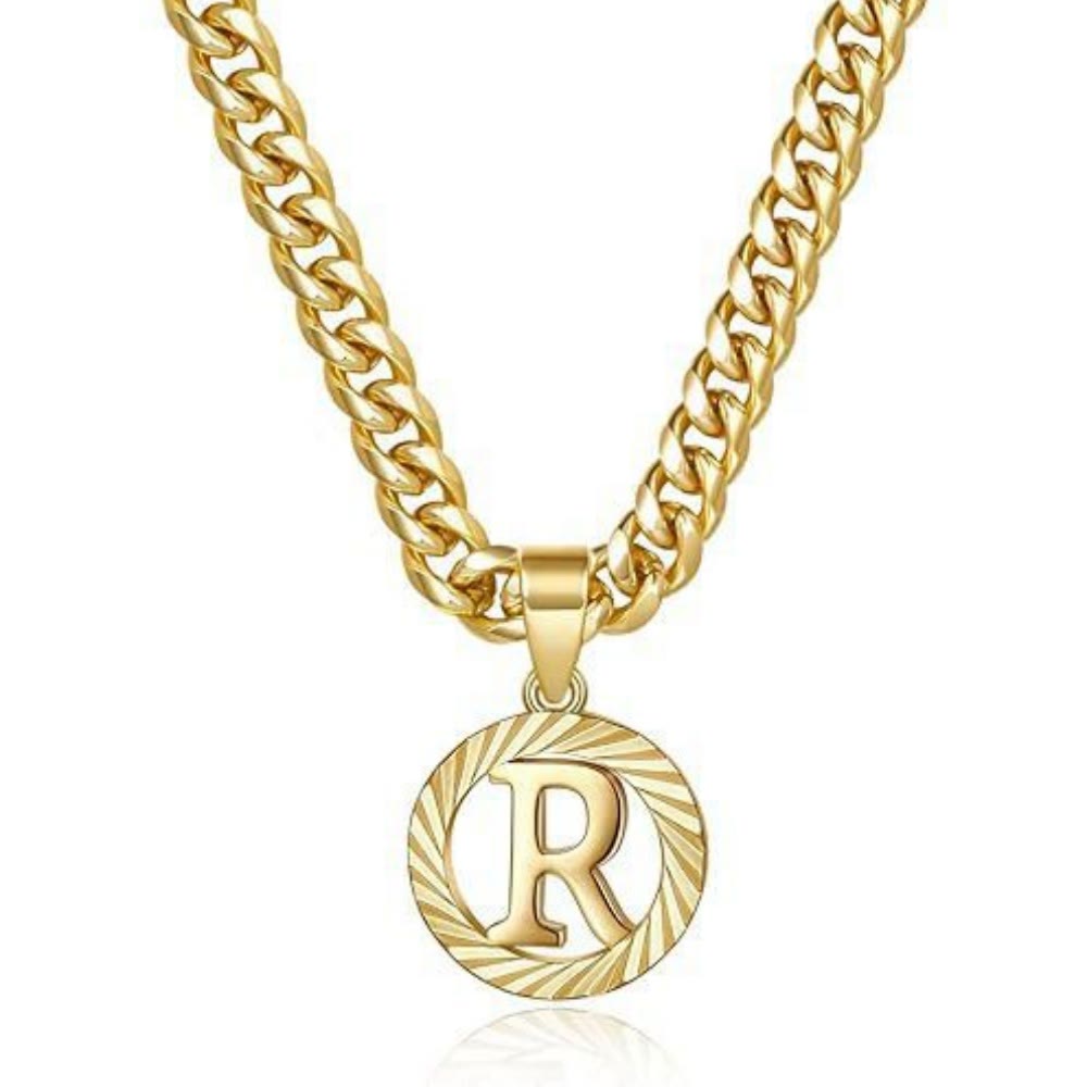 HilalHaven Minimal Engraved Initial Sun‑Ray Disc Heavy Cuban‑Chain Necklace - Golden - R - image 19