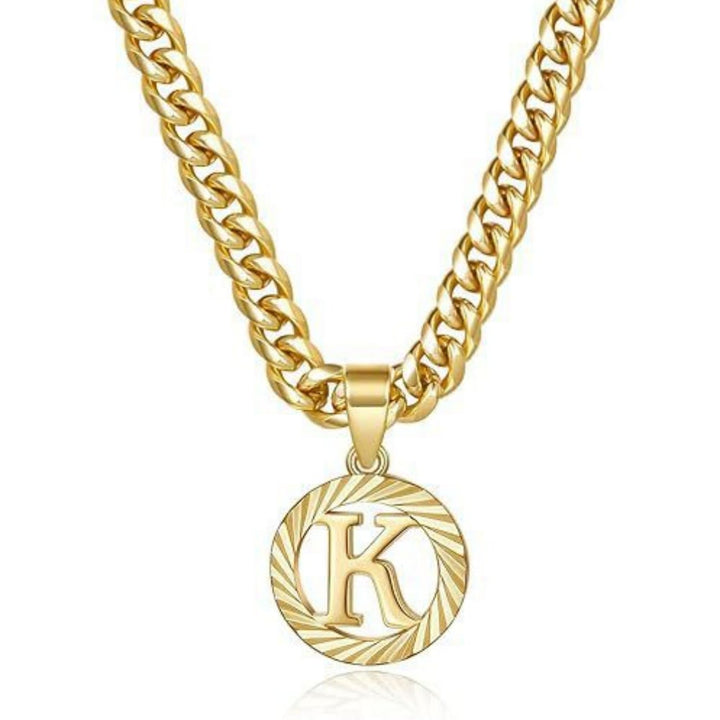 HilalHaven Minimal Engraved Initial Sun‑Ray Disc Heavy Cuban‑Chain Necklace - Golden - K - image 12