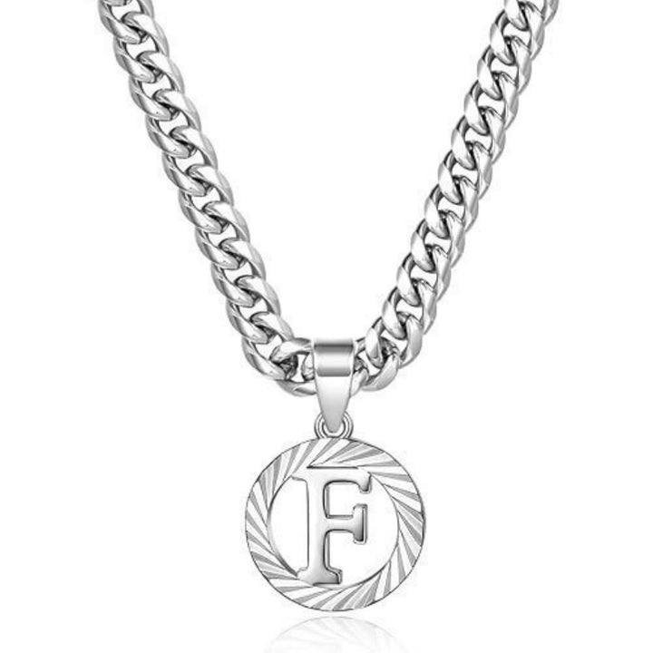 HilalHaven Minimal Engraved Initial Sun‑Ray Disc Heavy Cuban‑Chain Necklace - Silver - F - image 33