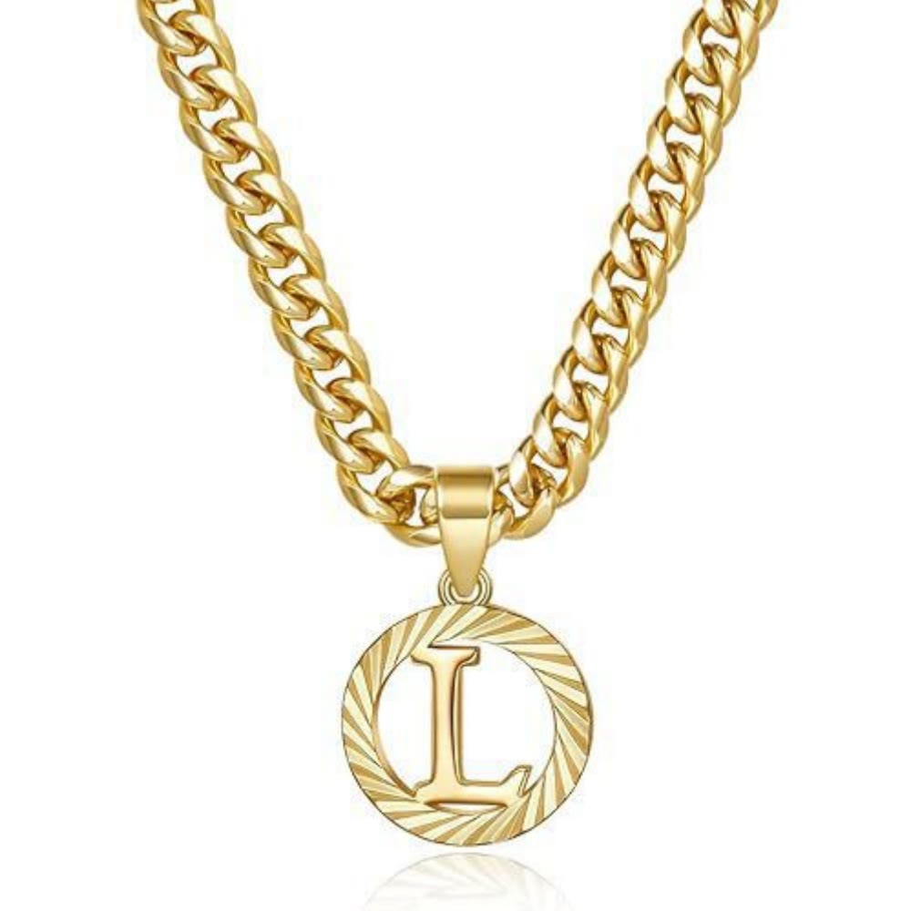 HilalHaven Minimal Engraved Initial Sun‑Ray Disc Heavy Cuban‑Chain Necklace - Golden - L - image 13