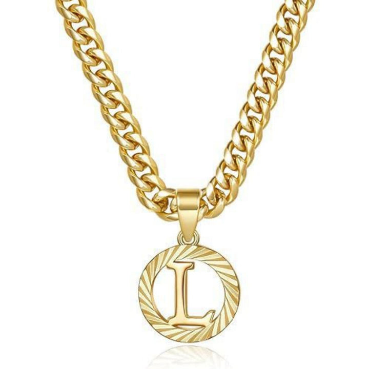HilalHaven Minimal Engraved Initial Sun‑Ray Disc Heavy Cuban‑Chain Necklace - Golden - L - image 13
