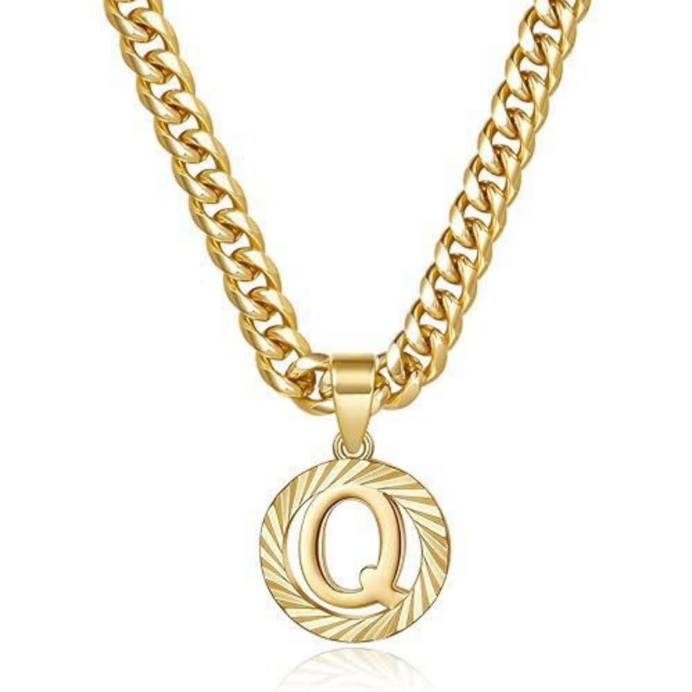 HilalHaven Minimal Engraved Initial Sun‑Ray Disc Heavy Cuban‑Chain Necklace - Golden - Q - image 18
