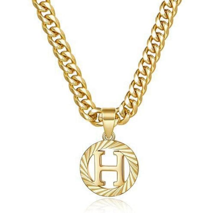 HilalHaven Minimal Engraved Initial Sun‑Ray Disc Heavy Cuban‑Chain Necklace - Golden - H - image 9