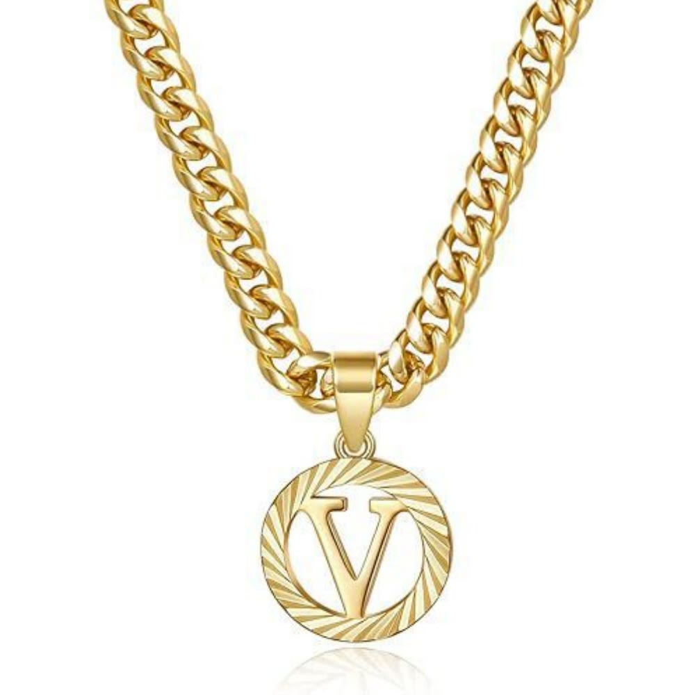 HilalHaven Minimal Engraved Initial Sun‑Ray Disc Heavy Cuban‑Chain Necklace - Golden - V - image 23