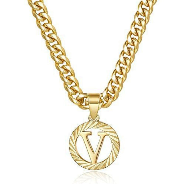 HilalHaven Minimal Engraved Initial Sun‑Ray Disc Heavy Cuban‑Chain Necklace - Golden - V - image 23