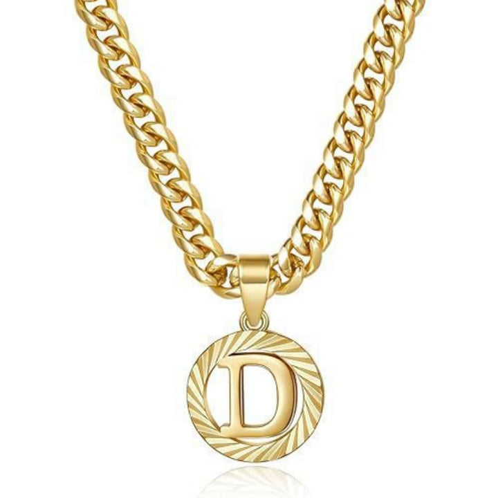 HilalHaven Minimal Engraved Initial Sun‑Ray Disc Heavy Cuban‑Chain Necklace - Golden - D - image 5