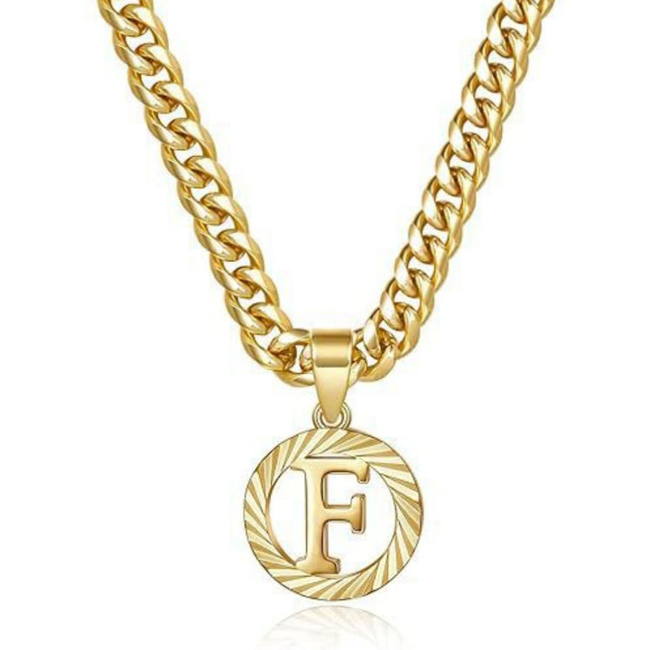HilalHaven Minimal Engraved Initial Sun‑Ray Disc Heavy Cuban‑Chain Necklace - Golden - F - image 7
