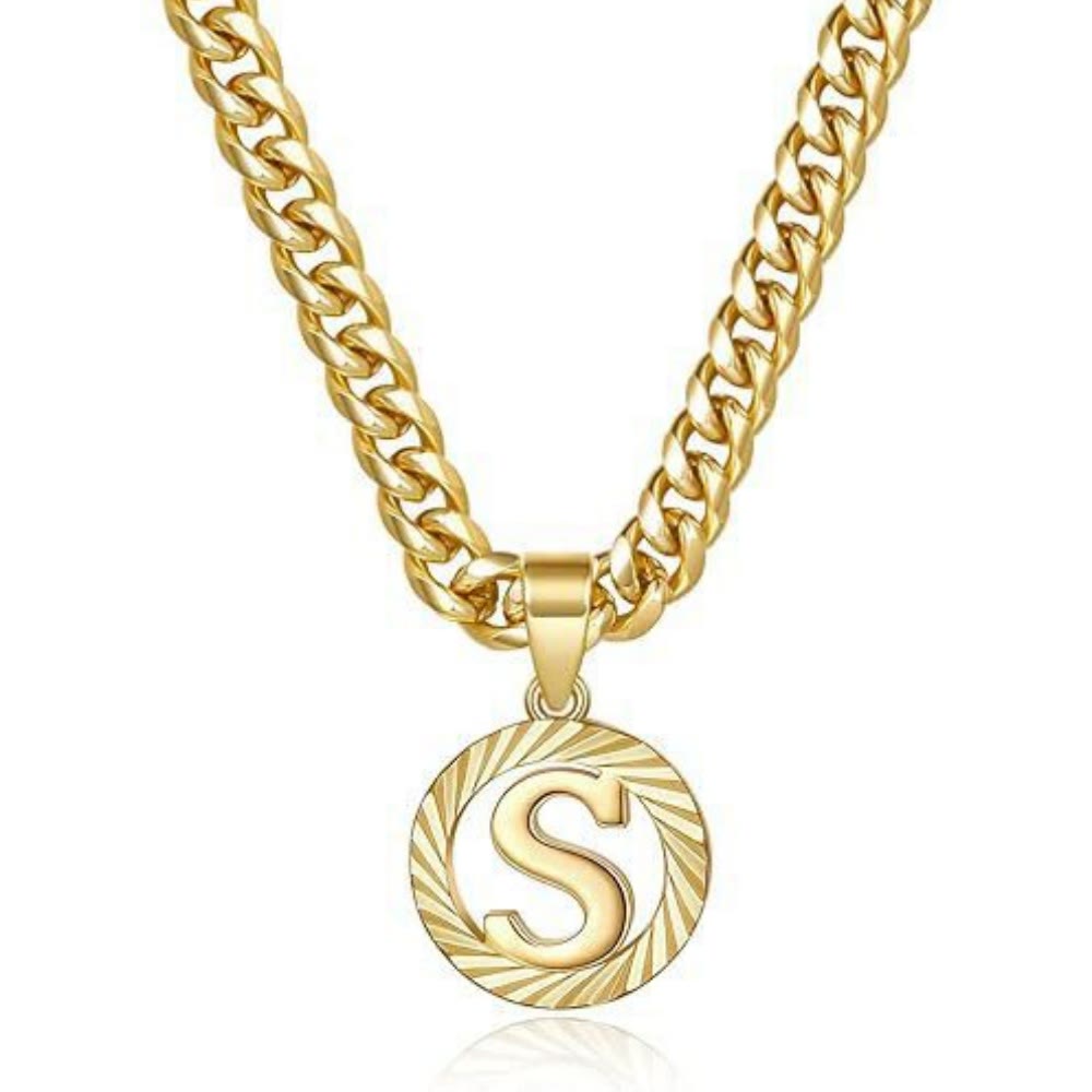 HilalHaven Minimal Engraved Initial Sun‑Ray Disc Heavy Cuban‑Chain Necklace - Golden - S - image 20