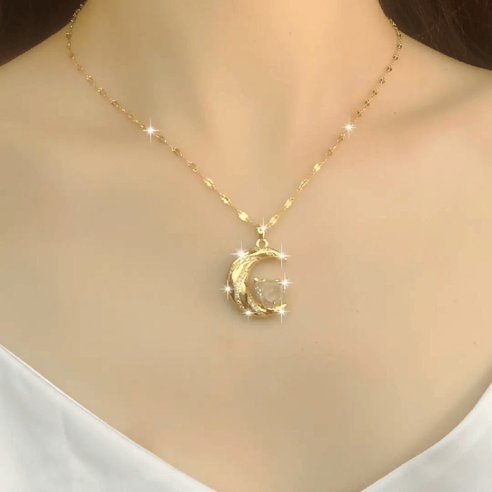 HilalHaven Curved Lunar Frame Heart Crystal Dainty Everyday Necklace - image 1