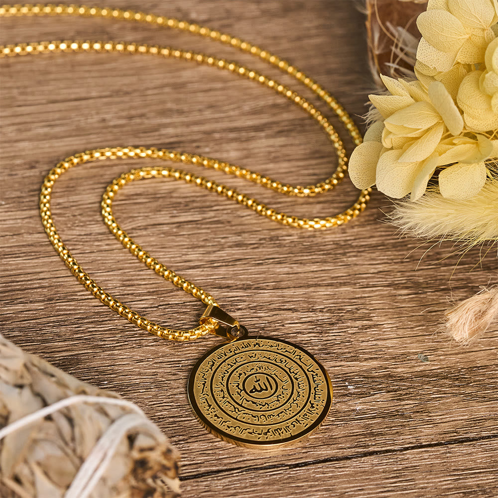 HilalHaven Polished Round‑Disc with Circling Quranic‑Ayatul Kursi Verse Allah Necklace - Golden - image 3