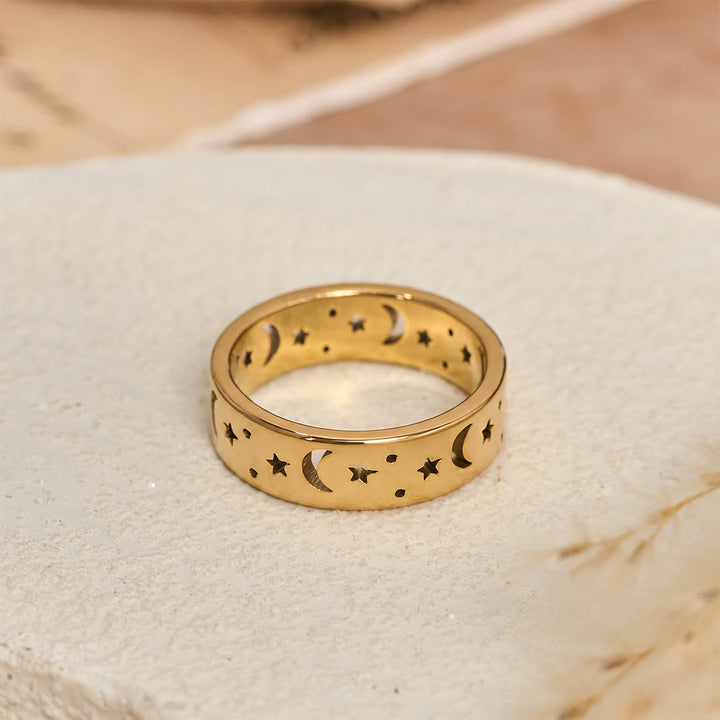 HilalHaven Hollow‑Cut Crescent‑Star Circling‑Band Ring - Golden - US9 - image 4