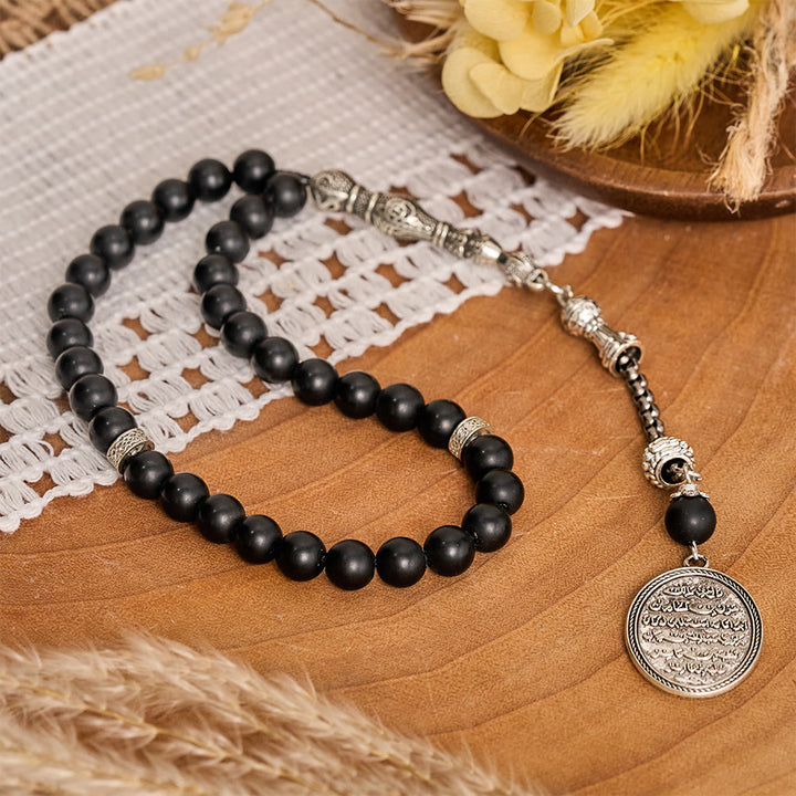 HilalHaven Matte‑Stone Bead‑Strand with Calligraphic Oval‑Pendant 33 Beads Tasbih - image 1
