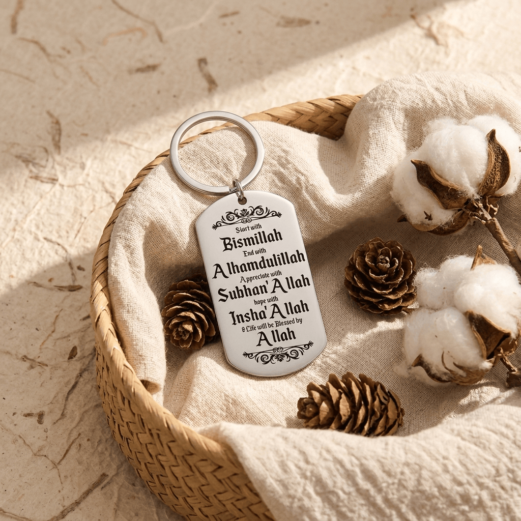 HilalHaven Ornate‑Border Daily‑Devotion‑Script Dog‑Tag Keychain - image 2