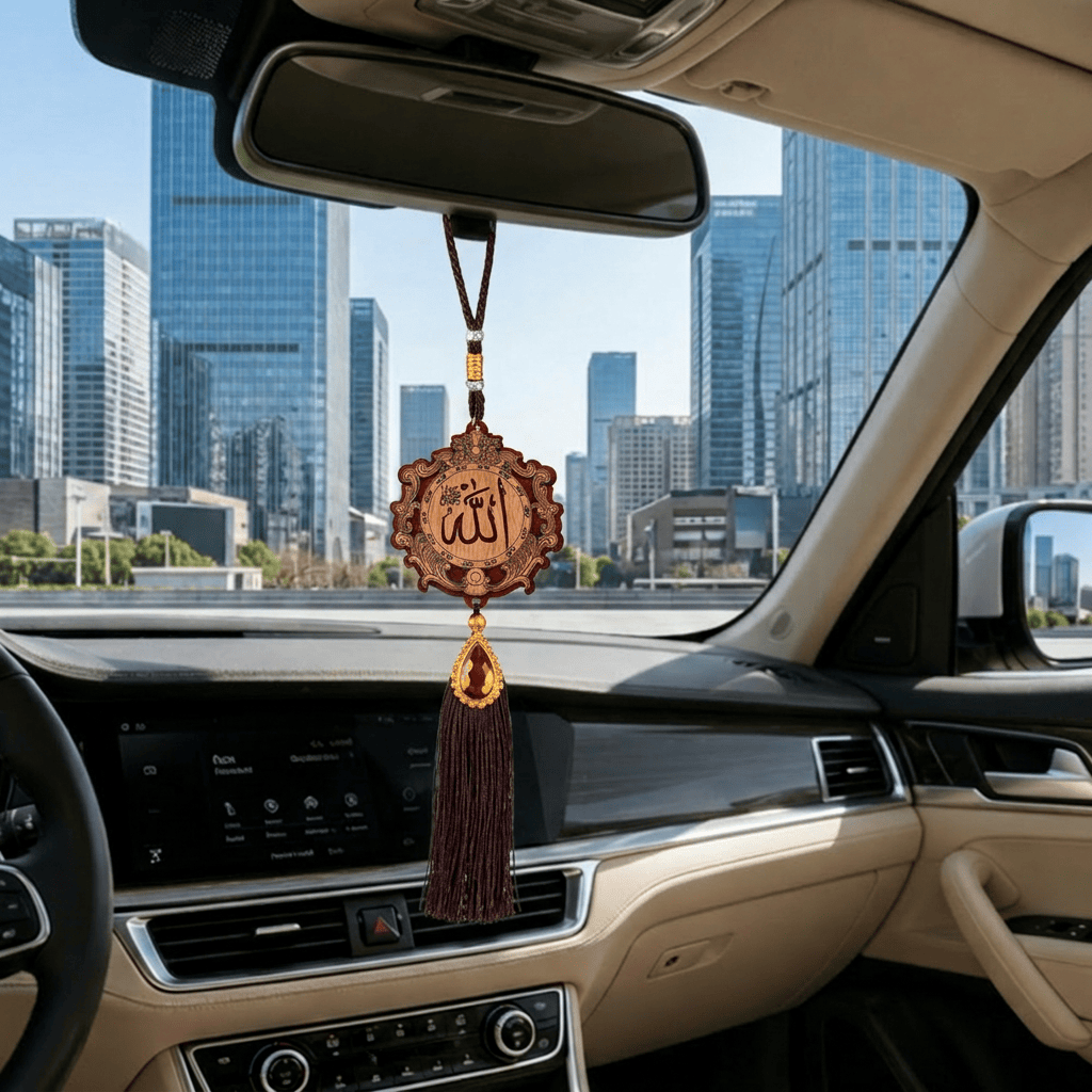 HilalHaven Stylized Scroll‑Frame Engraved Sacred Naskh‑Script Decorative‑Tassel Car Pendant - image 0
