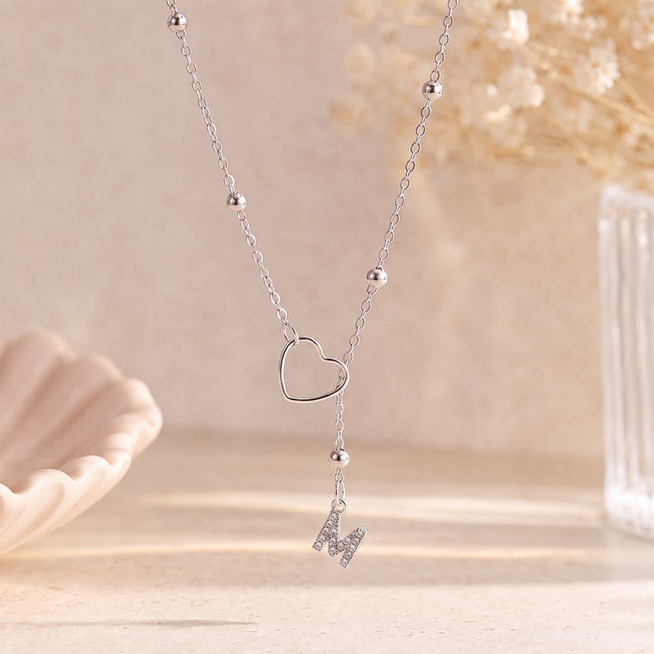HilalHaven Hollow Heart Slider Frame Personalized Crystal Letter Minimal Beaded Necklace - Silver - M - image 38