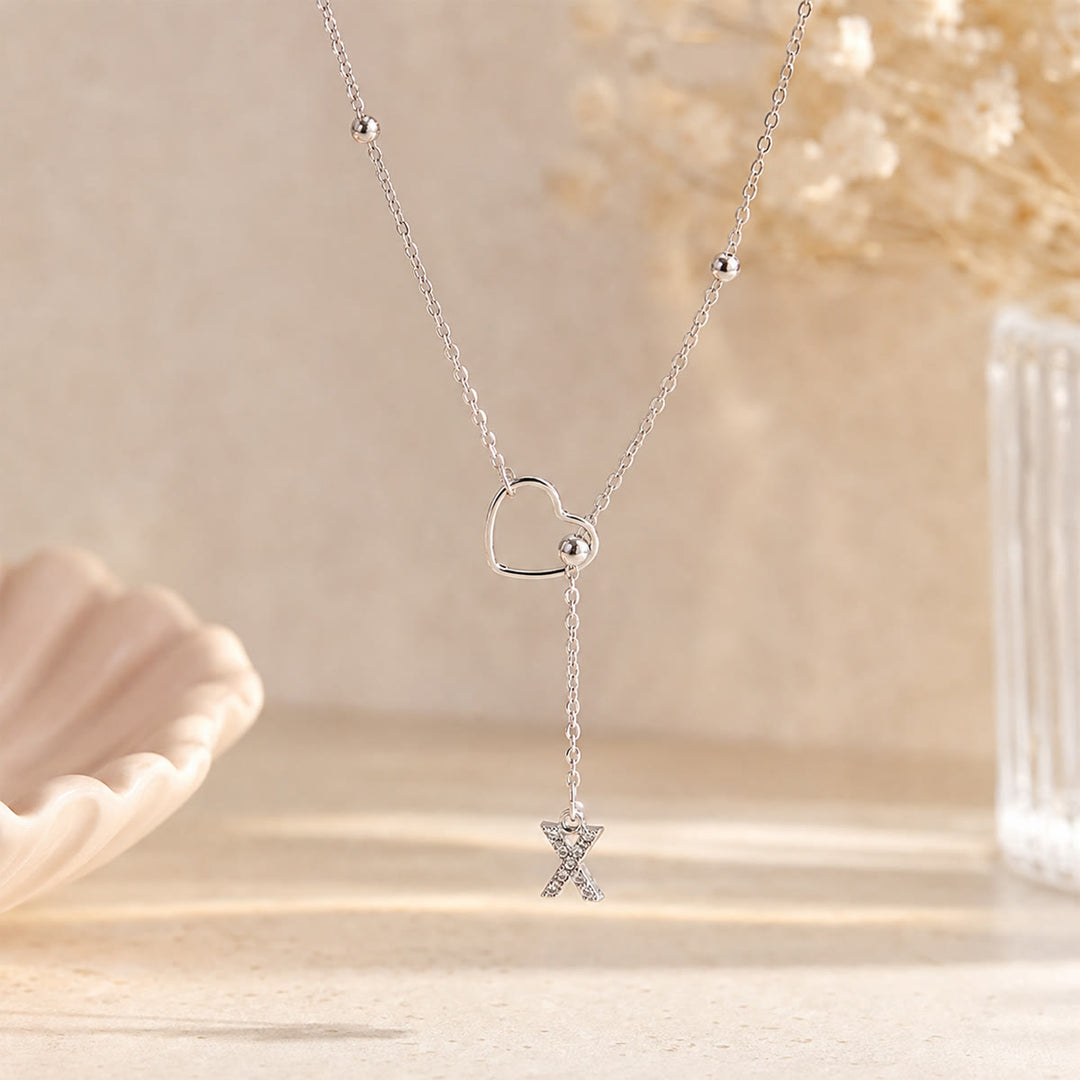 HilalHaven Hollow Heart Slider Frame Personalized Crystal Letter Minimal Beaded Necklace - Silver - X - image 49