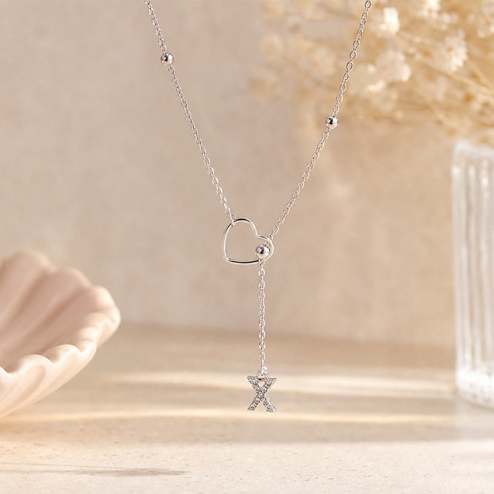 HilalHaven Hollow Heart Slider Frame Personalized Crystal Letter Minimal Beaded Necklace - Silver - X - image 49