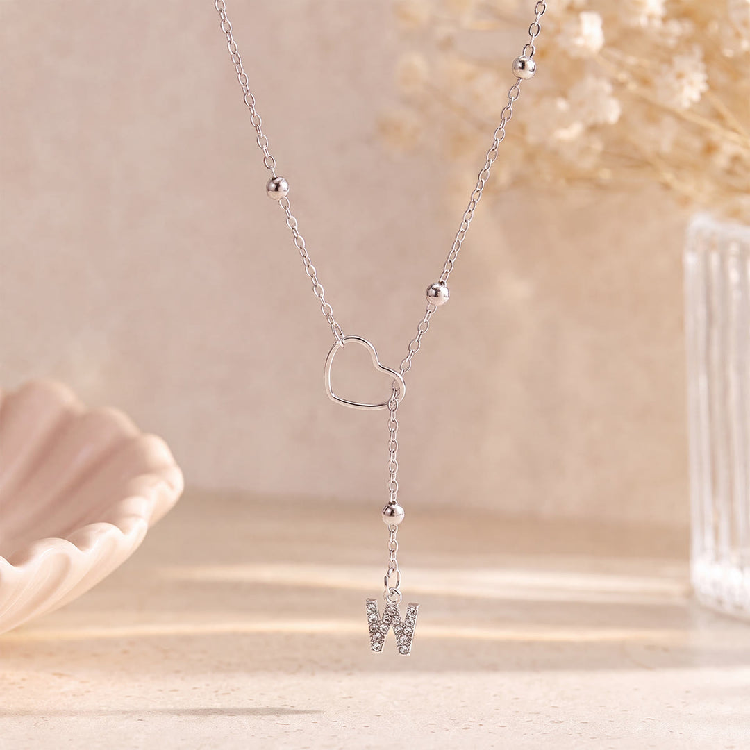 HilalHaven Hollow Heart Slider Frame Personalized Crystal Letter Minimal Beaded Necklace - Silver - W - image 48