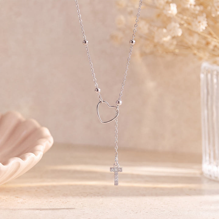 HilalHaven Hollow Heart Slider Frame Personalized Crystal Letter Minimal Beaded Necklace - Silver - T - image 45