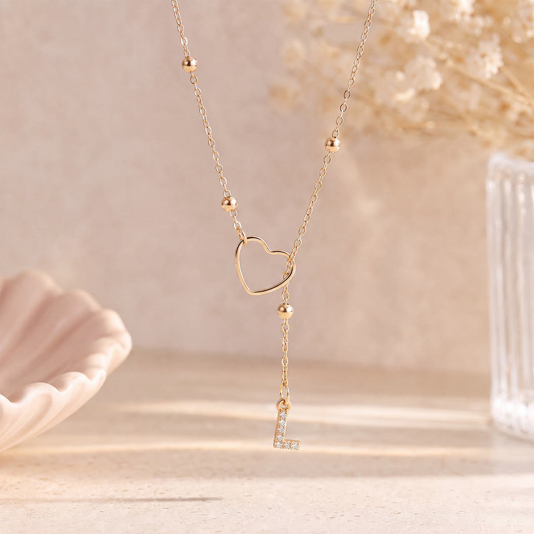 HilalHaven Hollow Heart Slider Frame Personalized Crystal Letter Minimal Beaded Necklace - Golden - L - image 11