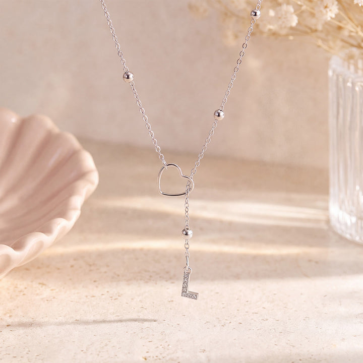 HilalHaven Hollow Heart Slider Frame Personalized Crystal Letter Minimal Beaded Necklace - Silver - L - image 37