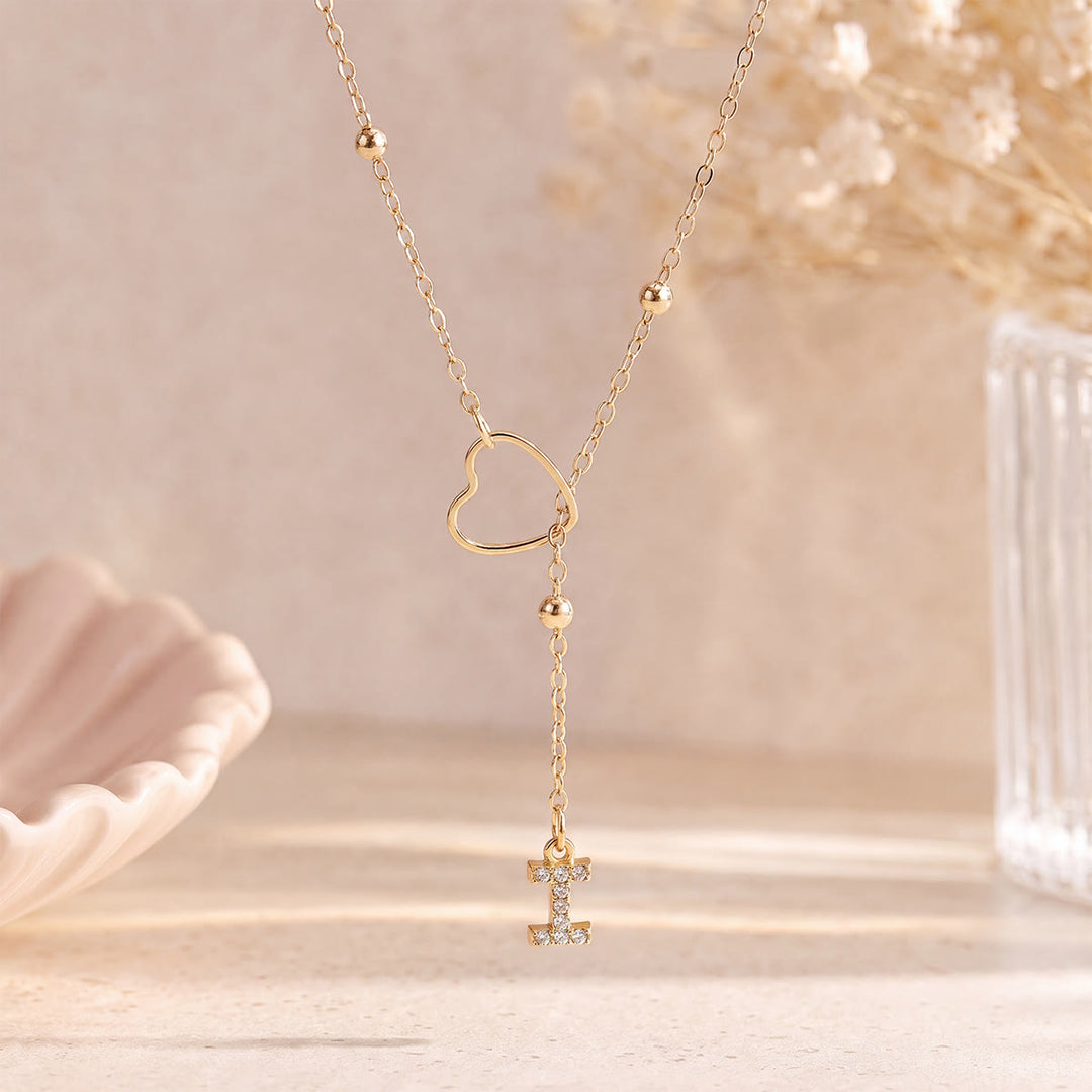 HilalHaven Hollow Heart Slider Frame Personalized Crystal Letter Minimal Beaded Necklace - Golden - I - image 8