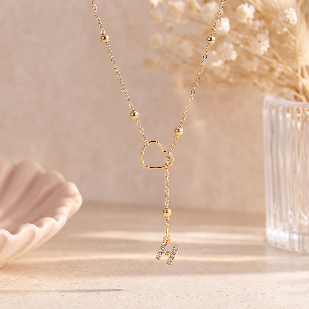 HilalHaven Hollow Heart Slider Frame Personalized Crystal Letter Minimal Beaded Necklace - Golden - H - image 7