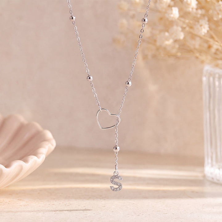 HilalHaven Hollow Heart Slider Frame Personalized Crystal Letter Minimal Beaded Necklace - Silver - S - image 44