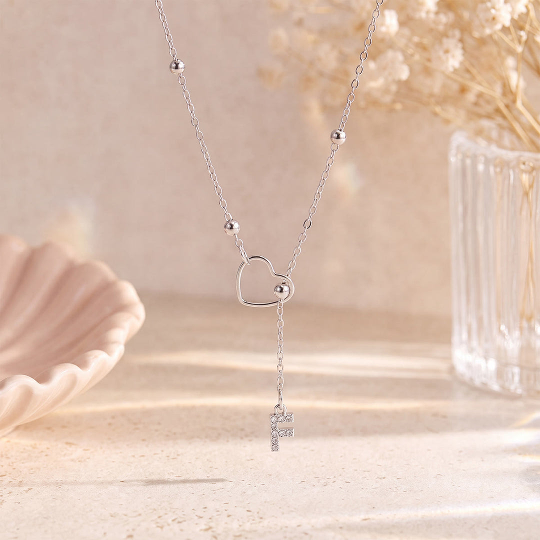 HilalHaven Hollow Heart Slider Frame Personalized Crystal Letter Minimal Beaded Necklace - Silver - F - image 31