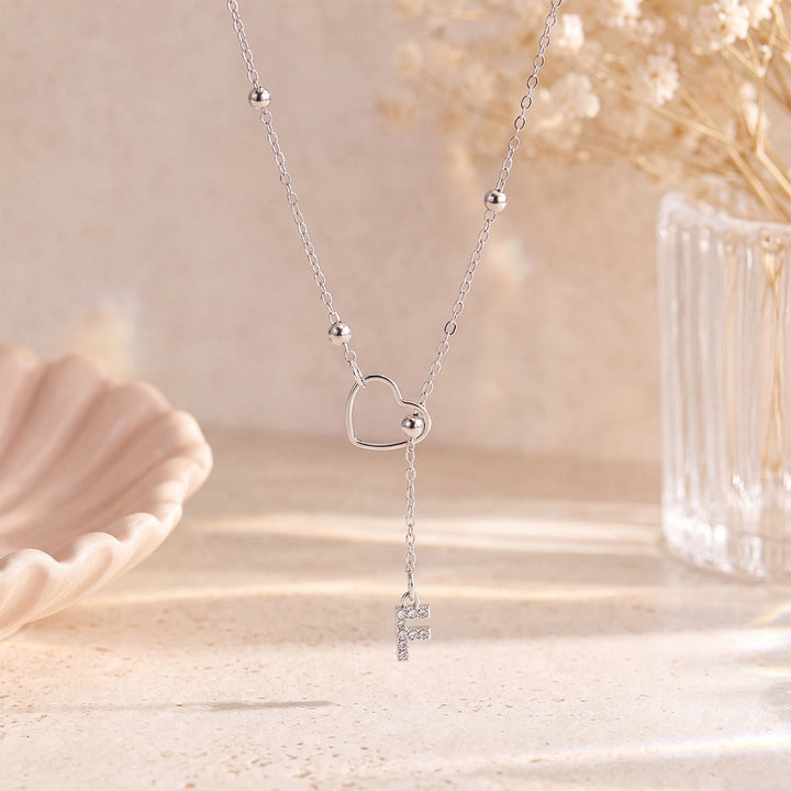 HilalHaven Hollow Heart Slider Frame Personalized Crystal Letter Minimal Beaded Necklace - Silver - F - image 31