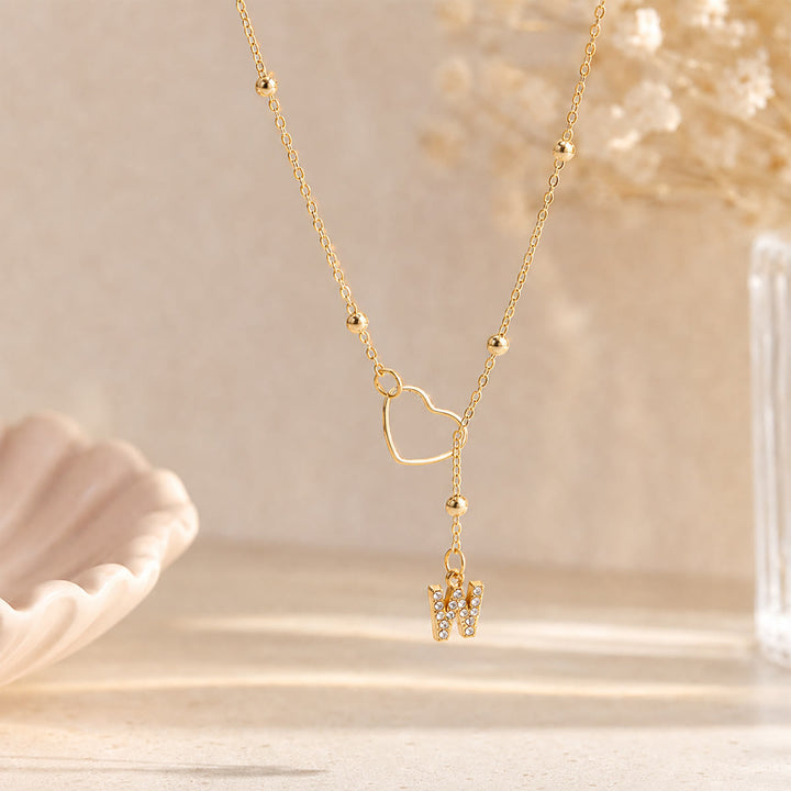 HilalHaven Hollow Heart Slider Frame Personalized Crystal Letter Minimal Beaded Necklace - Golden - W - image 22