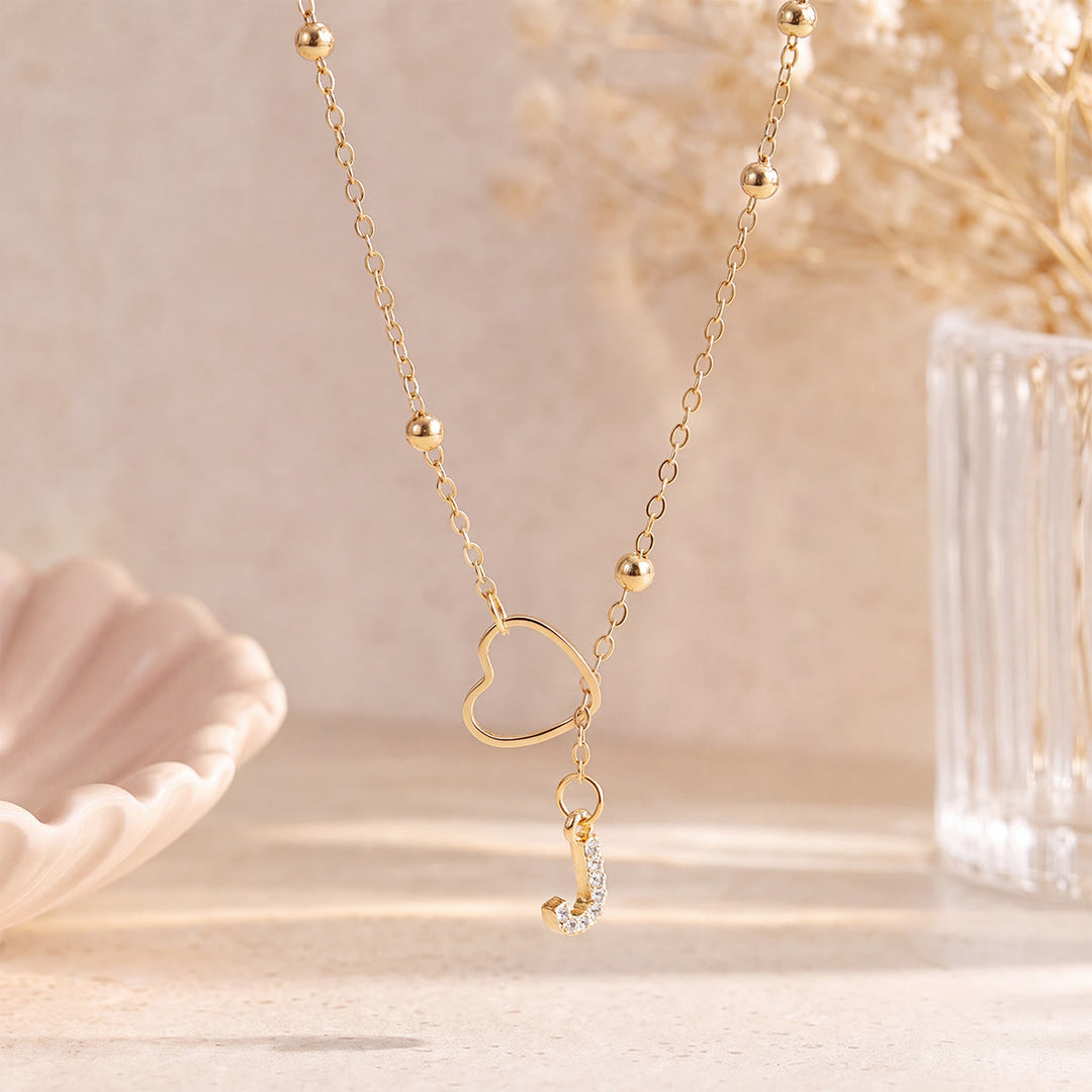 HilalHaven Hollow Heart Slider Frame Personalized Crystal Letter Minimal Beaded Necklace - Golden - J - image 9