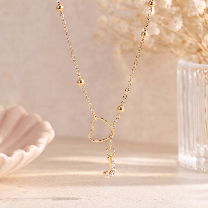 HilalHaven Hollow Heart Slider Frame Personalized Crystal Letter Minimal Beaded Necklace - Golden - J - image 9