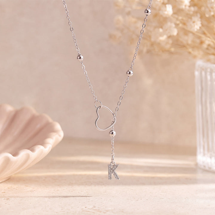 HilalHaven Hollow Heart Slider Frame Personalized Crystal Letter Minimal Beaded Necklace - Silver - K - image 36