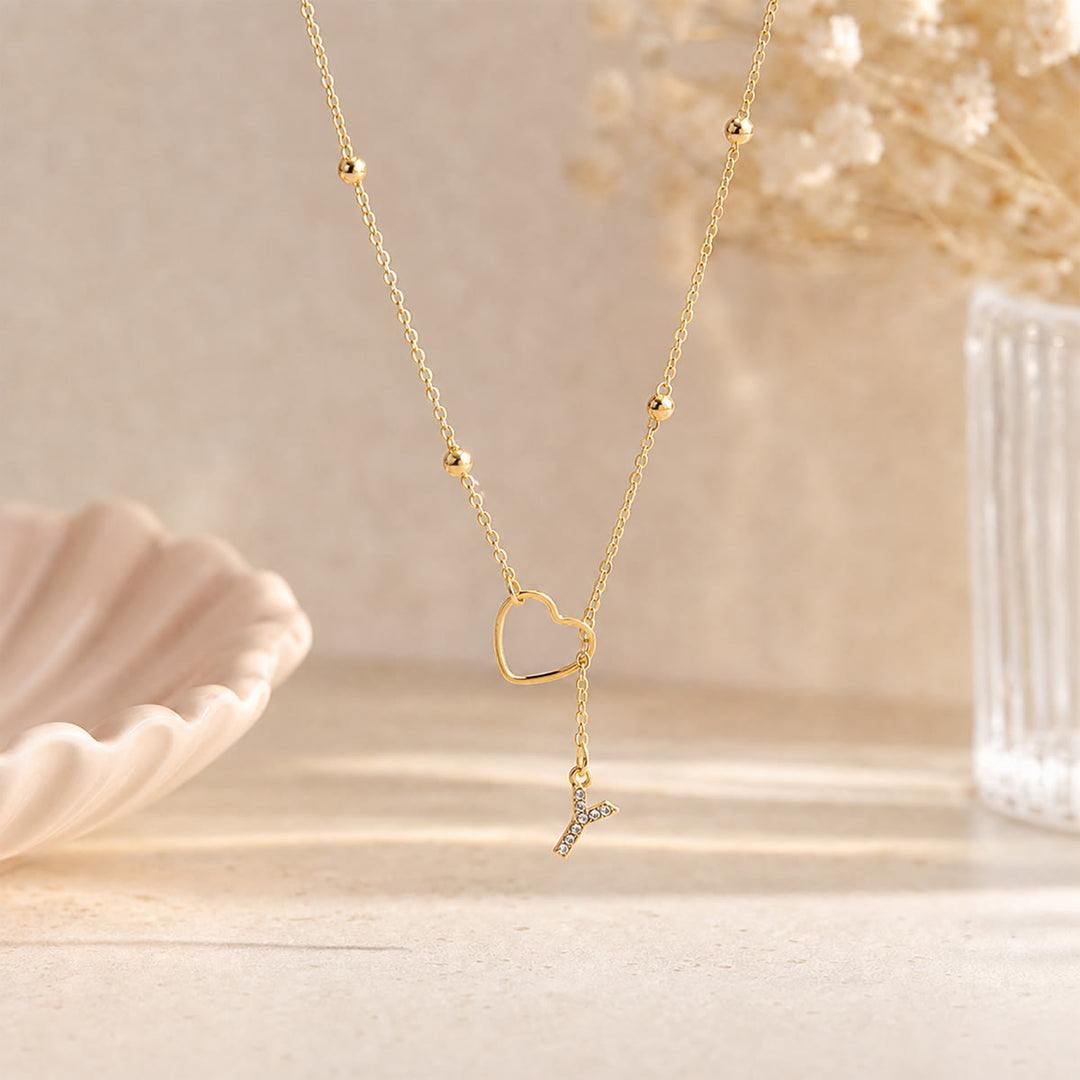 HilalHaven Hollow Heart Slider Frame Personalized Crystal Letter Minimal Beaded Necklace - Golden - Y - image 24
