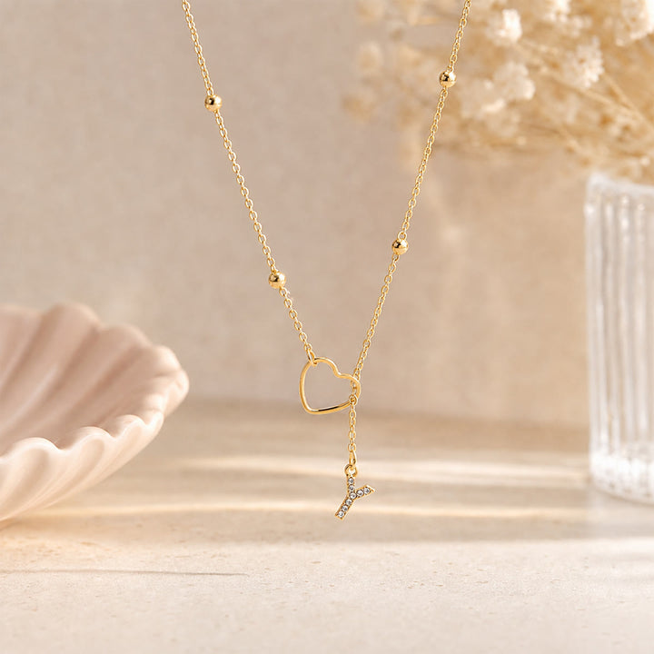 HilalHaven Hollow Heart Slider Frame Personalized Crystal Letter Minimal Beaded Necklace - Golden - Y - image 24
