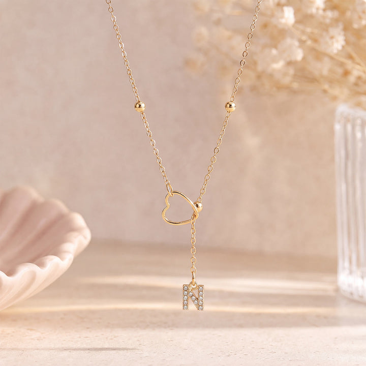 HilalHaven Hollow Heart Slider Frame Personalized Crystal Letter Minimal Beaded Necklace - Golden - N - image 13