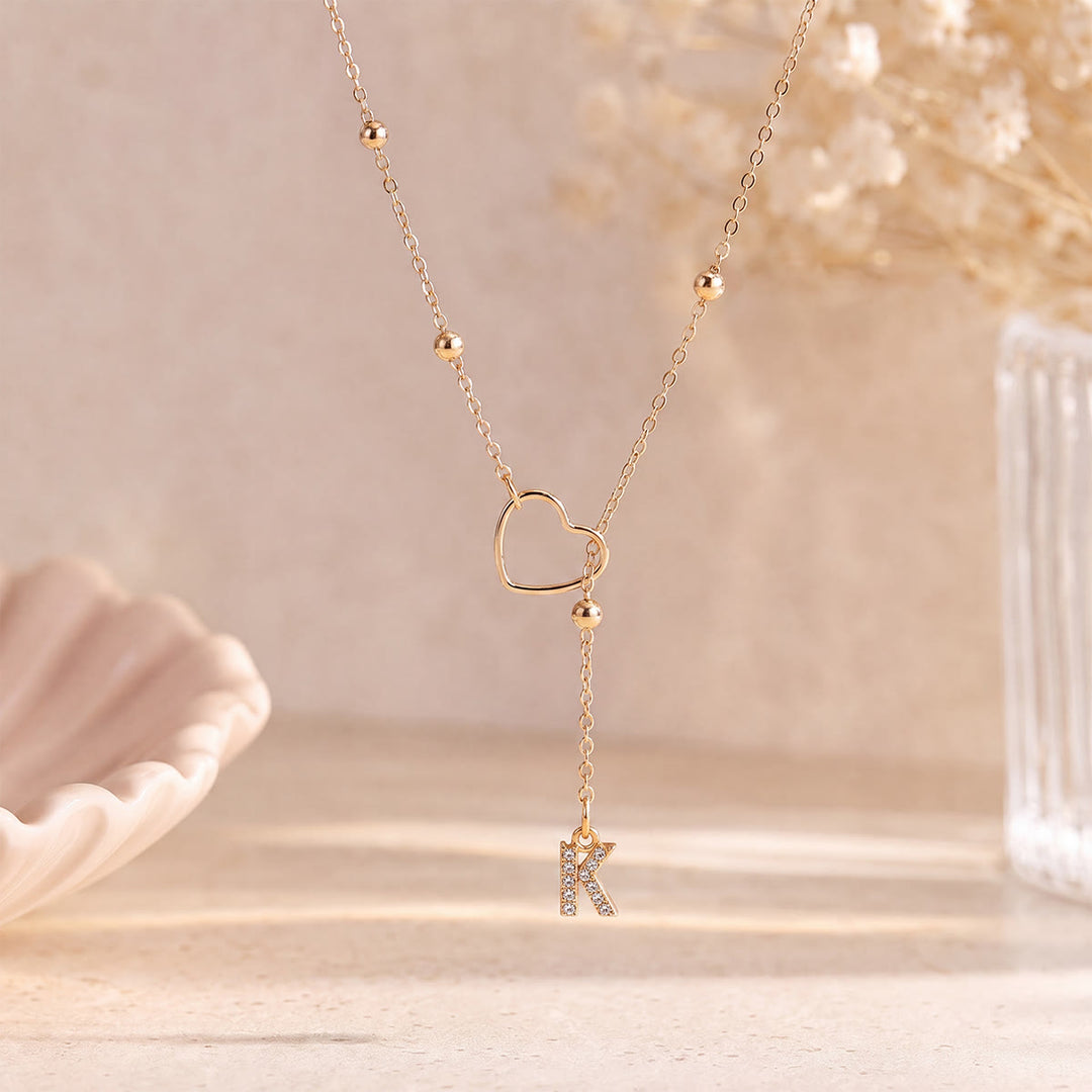 HilalHaven Hollow Heart Slider Frame Personalized Crystal Letter Minimal Beaded Necklace - Golden - K - image 10
