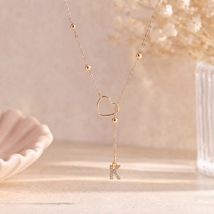 HilalHaven Hollow Heart Slider Frame Personalized Crystal Letter Minimal Beaded Necklace - Golden - K - image 10