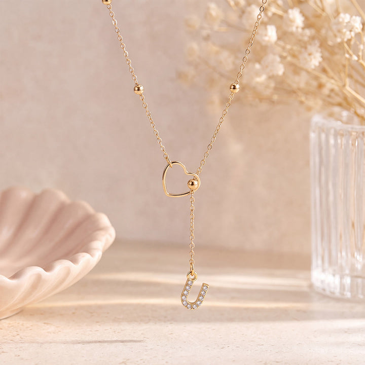 HilalHaven Hollow Heart Slider Frame Personalized Crystal Letter Minimal Beaded Necklace - Golden - U - image 20