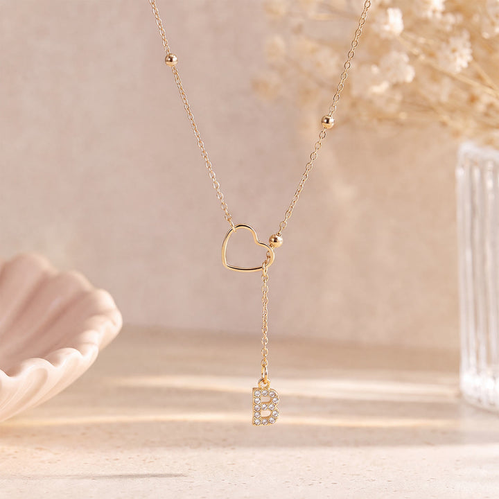 HilalHaven Hollow Heart Slider Frame Personalized Crystal Letter Minimal Beaded Necklace - Golden - B - image 1