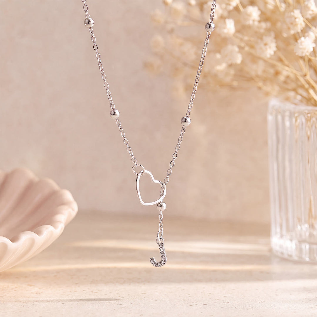 HilalHaven Hollow Heart Slider Frame Personalized Crystal Letter Minimal Beaded Necklace - Silver - J - image 35